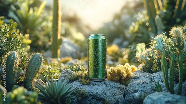 Fototapeta A minimalist image featuring a green soda can balanced on a large opuntia cactus, set against a pale background. Generative AI