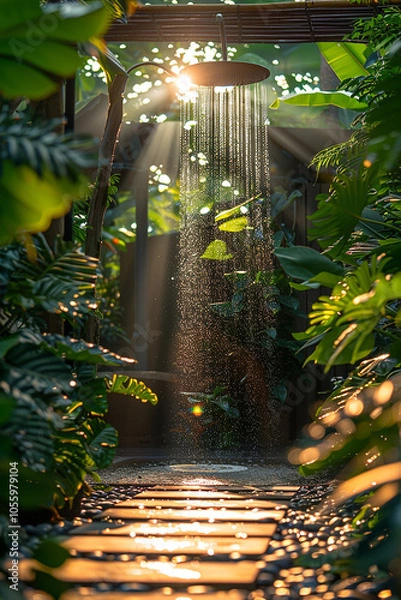 Fototapeta Modern shower in green jungle, beautiful shower with nature generated.AI