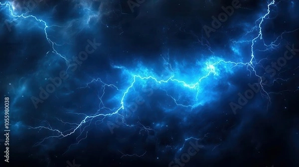 Fototapeta imposing blue lightning bolt dramatically slicing through a darkened sky, radiating raw energy and intensity, capturing the formidable power of nature in a breathtaking display