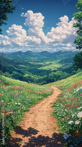 Fototapeta A stunning anime scenery of a dirt road winding through a serene countryside landscape, leading to an open field lined with power lines stretching into the distance. Generative AI