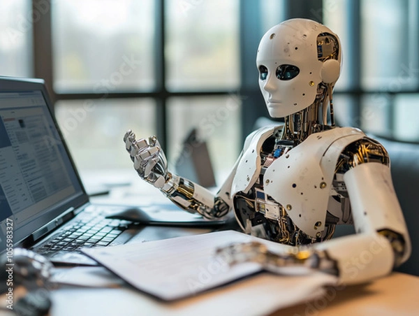 Obraz uturistic Robot Engaging with Technology in Modern Office