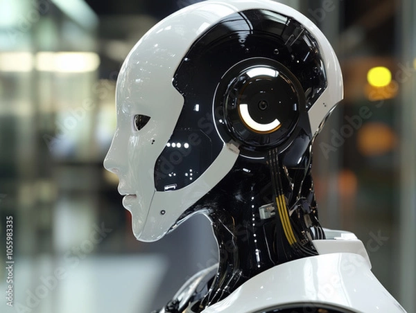 Obraz Close-Up of Futuristic Robots with Illuminated Lenses