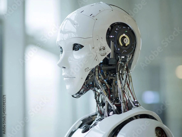 Obraz Close-Up of Futuristic Robots with Illuminated Lenses