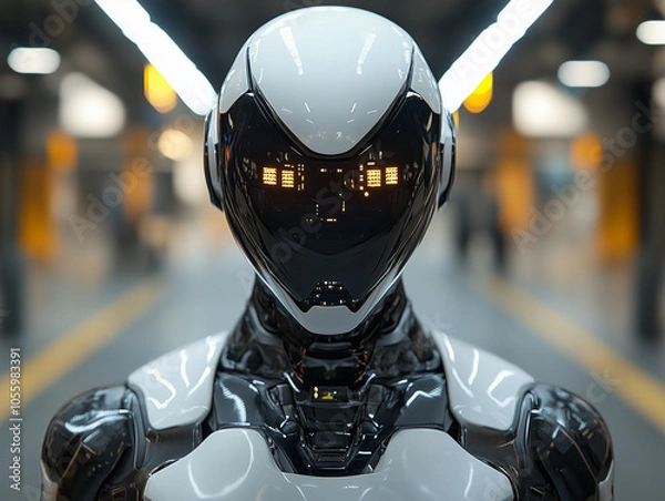 Obraz Close-Up of Futuristic Robots with Illuminated Lenses