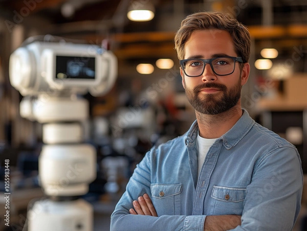 Obraz Confident Engineer Standing Next to Advanced Robotics Equipment