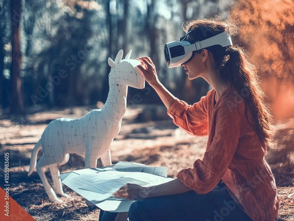 Obraz Woman in Virtual Reality Headset Interacting with Digital Sculpture
