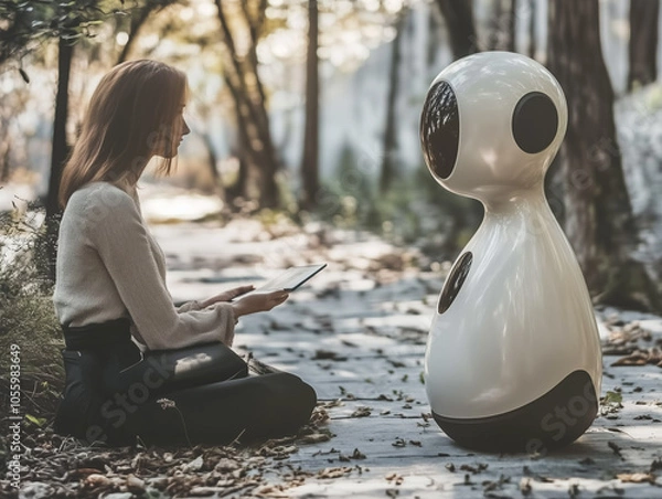 Obraz Woman Interacting With Futuristic Robot in Park Setting