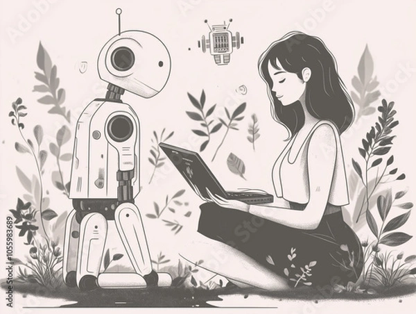 Obraz Young Woman Interacting with Robot in Tranquil Nature Setting