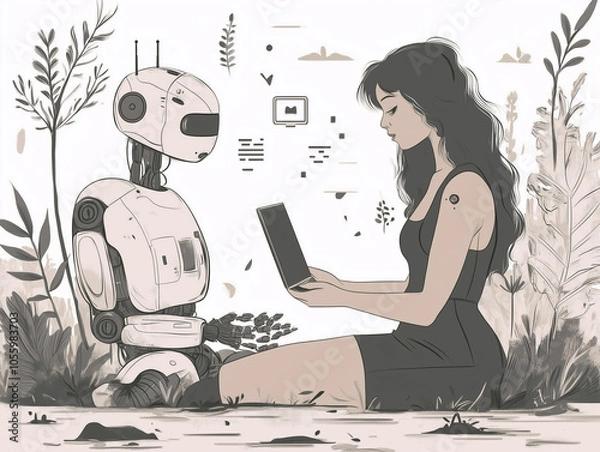Obraz Young Woman Interacting with Robot in Tranquil Nature Setting