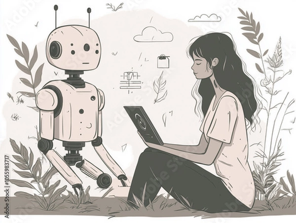 Obraz Young Woman Interacting with Robot in Tranquil Nature Setting