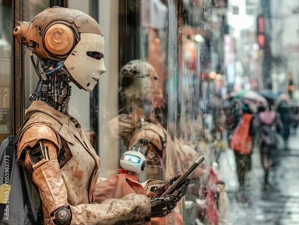 Obraz Futuristic Robot Navigating Rainy Urban Alley
