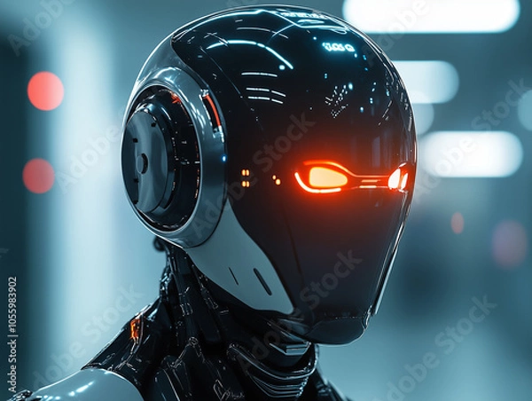 Obraz Close-Up of Futuristic Robots with Illuminated Lenses