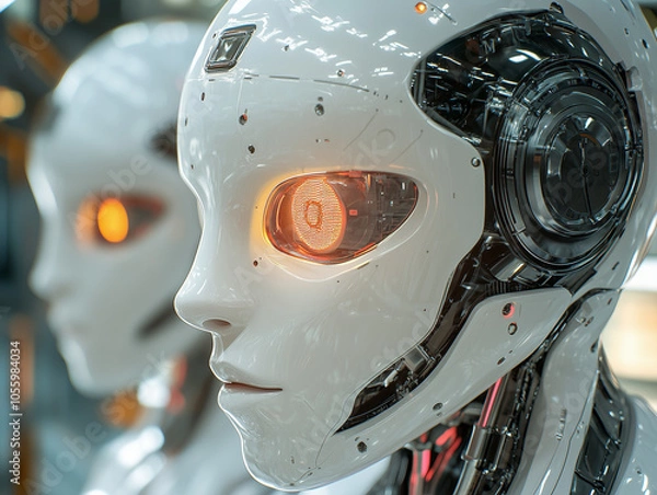 Obraz Close-Up of Futuristic Robots with Illuminated Lenses