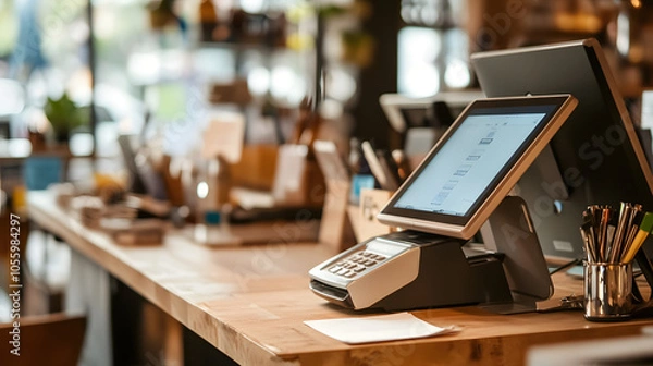 Fototapeta Close-up of a modern point-of-sale system with a touchscreen and card reader, set on a wooden counter in a cozy and stylish cafe environment.