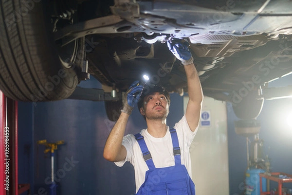 Fototapeta Asian mechanic using flashlight checking under car broken part at auto repair shop. After service and transportation career.