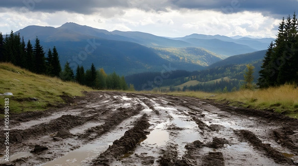 Fototapeta rugged, muddy trail cuts through a mountainous landscape with lush greenery and dense forests, framed by dramatic skies and rolling hills in the distance.
