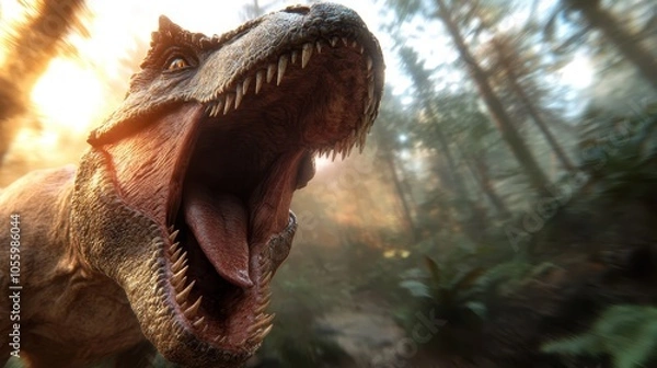 Fototapeta An imposing dinosaur emits a mighty roar amidst a dense, verdant forest, capturing the raw power and primitive essence of a prehistoric world dominated by nature.