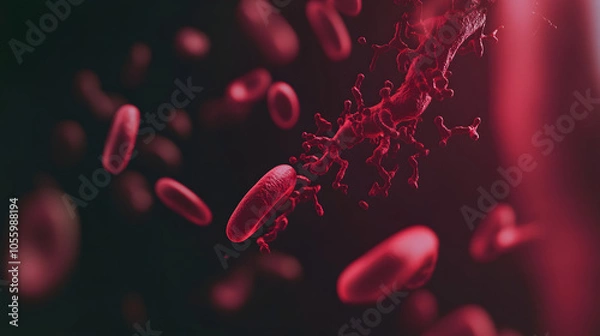 Fototapeta 3D illustration of red blood cells and platelets flowing dynamically through the bloodstream, highlighting their role in circulation and clotting against a dark, detailed background.