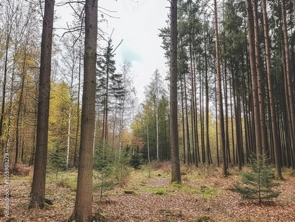 Fototapeta Tranquil Forest Clearing with Tall Pine Trees and Fallen Leaves on the Ground During an Overcast Autumn Day