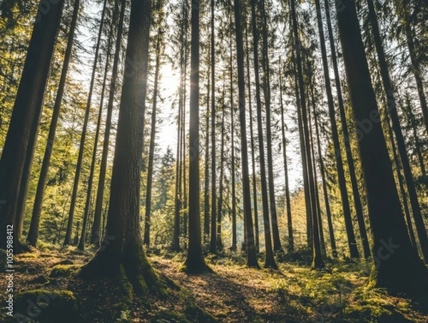 Fototapeta Sunlight Filtering Through Tall Pine Trees in a Dense Forest with Mossy Ground on a Bright and Peaceful Morning
