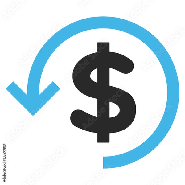 Fototapeta Refund vector icon. Picture style is bicolor flat refund icon drawn with blue and gray colors on a white background.