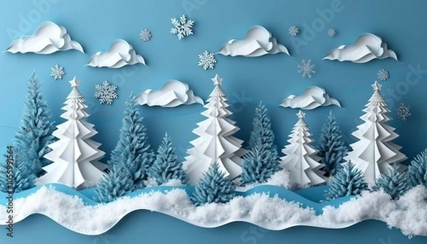 Fototapeta Merry Christmas holiday design, paper cut out Xmas tree toy decoration with snowflakes, snow on blue background for greeting card, creative Christmas, snow-themed art, banner, poster, 