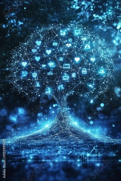 Obraz Digital Technology Tree with Floating Network Icons and Data Connections