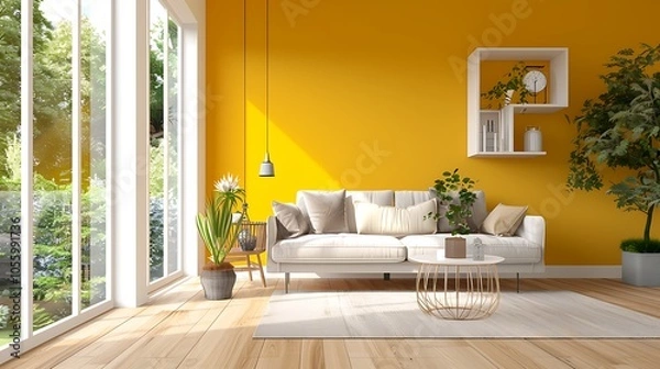 Fototapeta Modern Interior of Stylish Living Room ,Wall Mock Up, Frame , Poster with Beautiful Background, 3d render