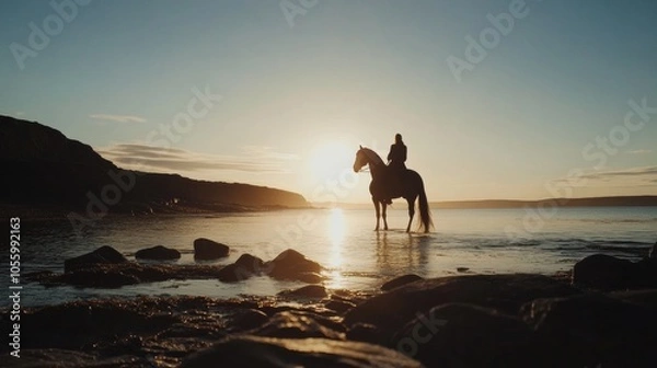 Fototapeta Silhouette of Horse and Rider Standing on Shoreline at Sunset with Calm Waters