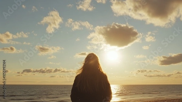 Fototapeta Silhouette of Woman Gazing at Serene Ocean Sunset with Dramatic Clouds