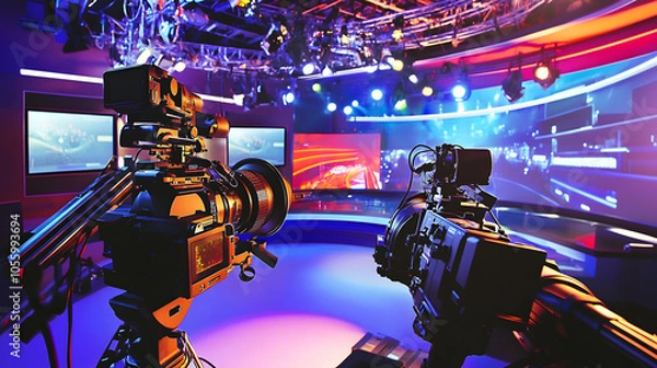 Fototapeta Professional broadcast cameras capturing a live production in a colorful and high-tech TV studio with vibrant lighting and digital screens.