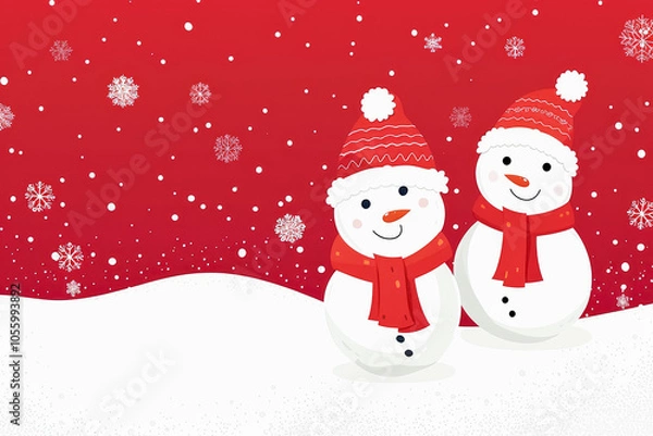 Obraz Traditional Christmas greeting card with playful snowmen on a bright red background