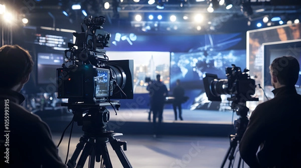 Fototapeta Camera crew preparing for a live production in a state-of-the-art studio. Backdrop features screens and lighting setups, capturing the essence of modern media.