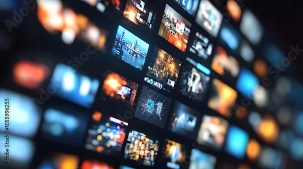 Fototapeta close-up view of a dynamic media wall displaying diverse multimedia content, representing technology, innovation, and modern entertainment platforms.