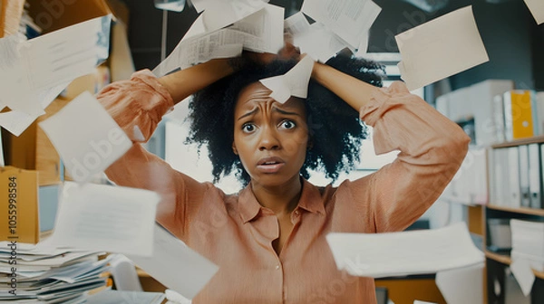Fototapeta Stressed woman holding her head as papers fly chaotically in an office. A vivid portrayal of workplace anxiety, deadlines, and the chaos of multitasking under pressure.