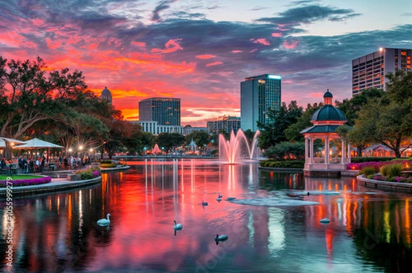 Fototapeta ORLANDO FL, US - May 24, 2022: Sunset and clouds over the Orlando skyline and fountain at Lake Eola Park, Orlando FL
