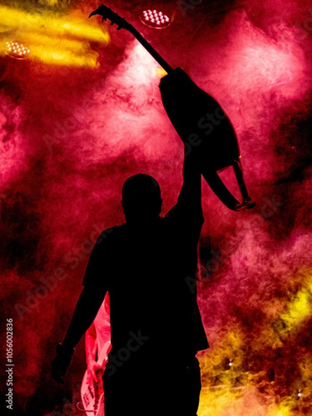 Obraz Frontman raising guitar at concert with red and yellow smoke
