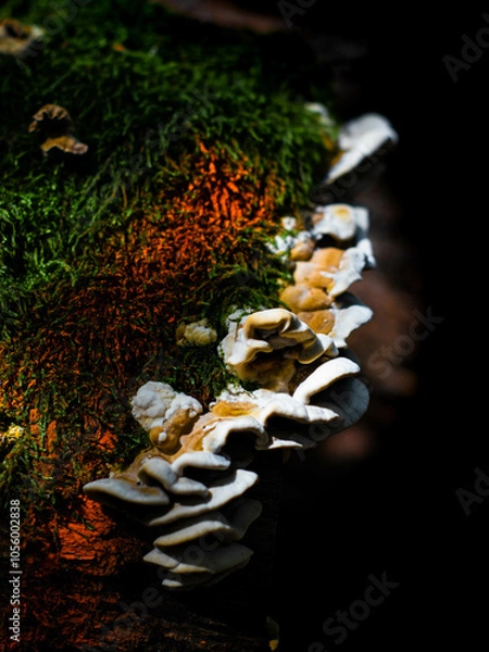 Obraz Forest tree white-brown mushroom on mossy tree trunk with orange hues nearby