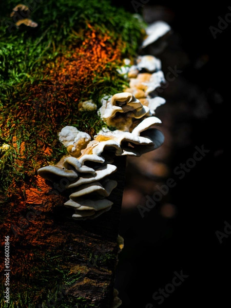 Obraz Forest tree white-brown mushroom on mossy tree trunk with orange hues nearby
