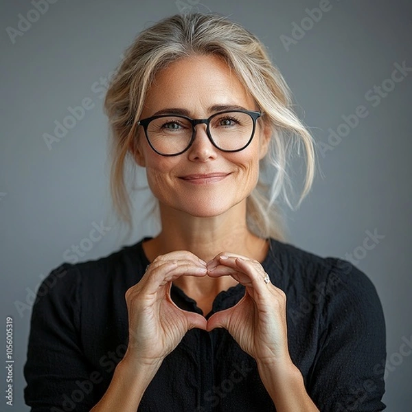 Obraz Close-up of a mature woman in stylish eyeglasses, forming a heart with her fingers, promoting an eyewear store, laser vision correction, and health check-ups.

