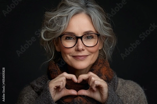 Obraz Close-up of a mature woman in stylish eyeglasses, forming a heart with her fingers, promoting an eyewear store, laser vision correction, and health check-ups.

