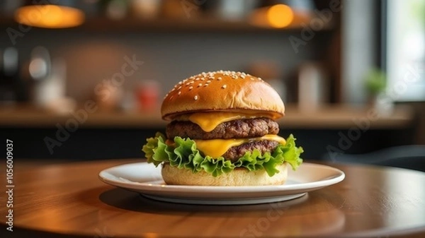 Fototapeta a juicy burger lies on the table in a burger shop