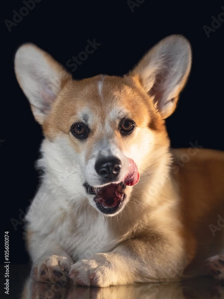Obraz close up portrait of licking oneself red and white welsh corgi pembroke dog isolated on black background