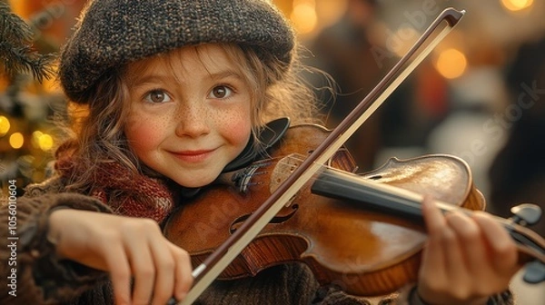 Fototapeta A young girl with rosy cheeks and a warm smile plays the violin.