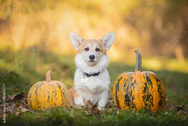 Obraz portrait of young female red and white pembroke welsh corgi sitting between two pumpkins on autumn landscape