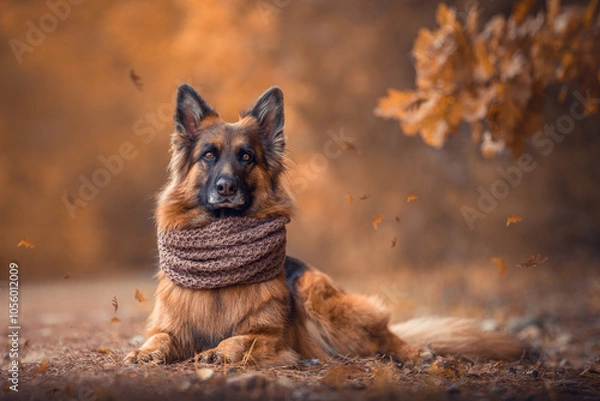 Obraz portrait of stunning long haired german shepherd dog with knitted scarf laying on ground near oak on forest landscape in golden autumn