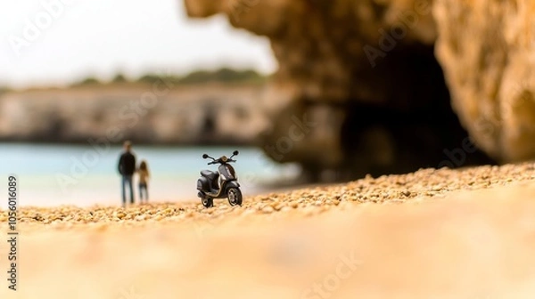 Obraz A miniature scooter parked on a sandy beach with two figures in the distance near a cave.