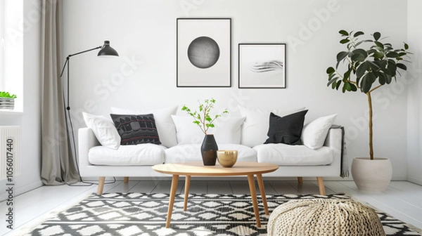 Fototapeta Minimalist Scandinavian Living Room with White Sofa and Botanical Decor