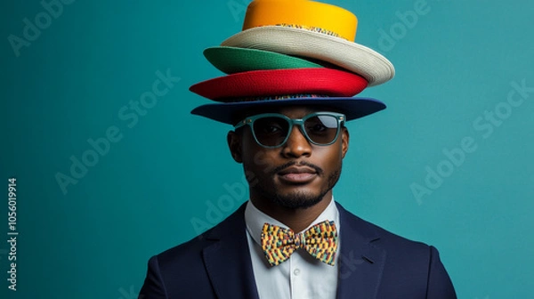 Fototapeta Stylish Man Wearing Multiple Hats and Sunglasses on Teal Background