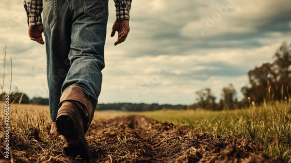 Fototapeta A farmer walks through a lush green field at dusk, tending to crops in the countryside